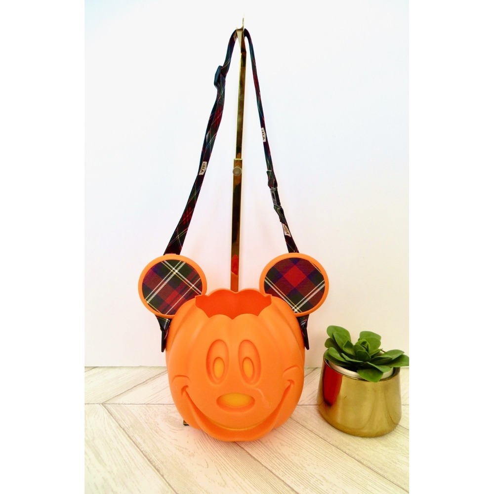 Disney Parks Mickey Mouse Pumpkin Bucket with Strap Plaid Ears Orange